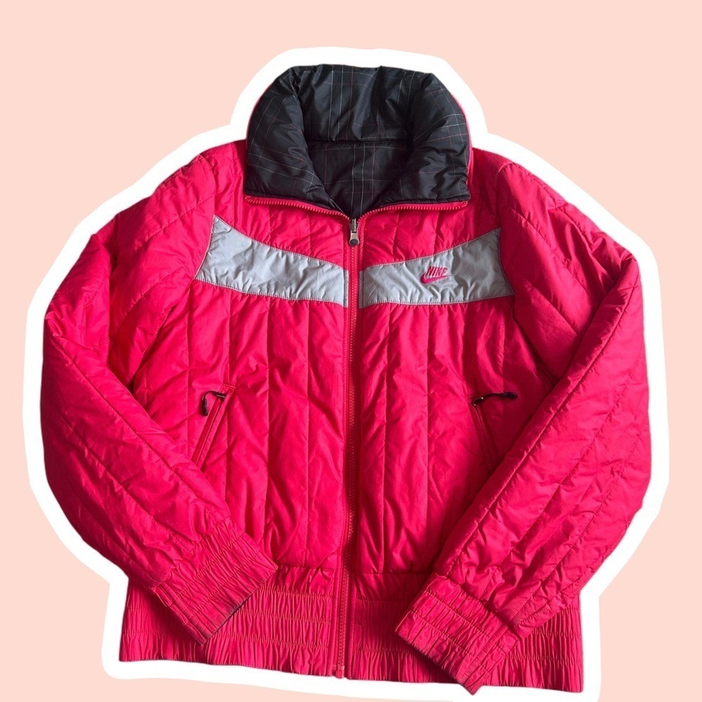 Nike Reversible‎ Puffer Jacket Kids Large 12-14 Pink Black Plaid Windbreaker Zip - Picture 2 of 10
